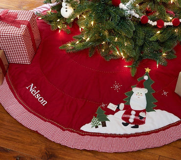 Personalized Christmas tree skirt with embroidered family name, Santa design