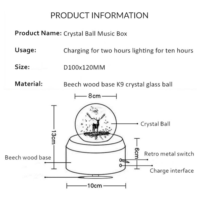3D Crystal Ball Music Box (4.0"W * 5.1"H), Luminous Rotating Musical Box with Projection LED Light and Wood Base, Best Gift for Birthday, for Girls