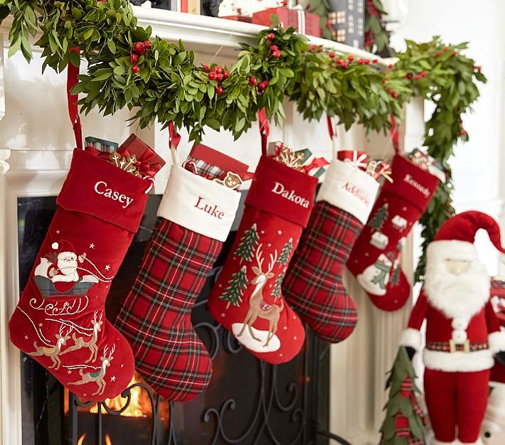 Christmas Personalized Velvet Stockings with Name, Embroidered Tartan Plaid Stocking, Custom Xmas Presents, Christmas 2021 Ornament Decor