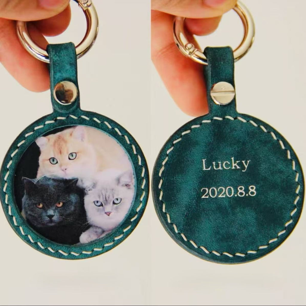 Custom Pet Photo Tag with Name & Date – Leather Memory Keepsake for Dogs & Cats