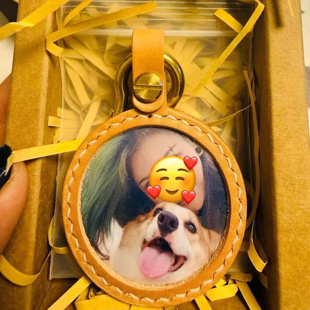 Custom Pet Photo Tag with Name & Date – Leather Memory Keepsake for Dogs & Cats