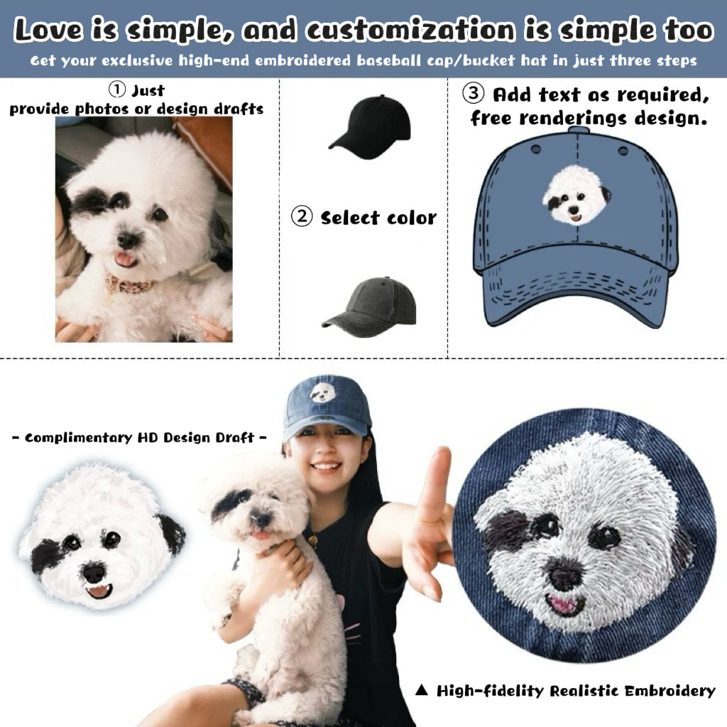 Personalized Pet Portrait Hat — Hand-Embroidered From Your Photo + Custom Name, Unique Gift for Him/Her
