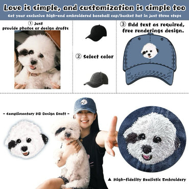 Personalized Pet Portrait Hat — Hand-Embroidered From Your Photo + Custom Name, Unique Gift for Him/Her