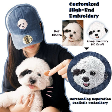Personalized Pet Portrait Hat — Hand-Embroidered From Your Photo + Custom Name, Unique Gift for Him/Her