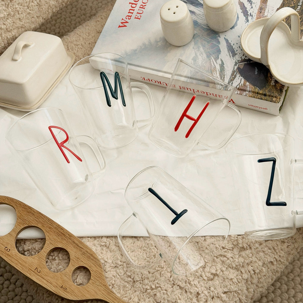 Personalized Hand-Drawn Initial High Borosilicate Glass Mug | Custom Letter & Engraving | Heat Resistant Coffee Milk Drinking Cup | Personalized Gift for Her, Him, Kids & Family