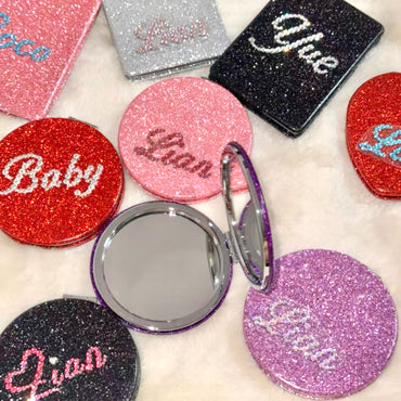 Personalized Custom Name Glitter Compact Mirror | Double-Sided Folding Travel Makeup Mirror | Bridesmaid Birthday Gift for Her & Kids | Gifts Journey