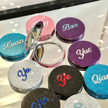 Personalized Custom Name Glitter Compact Mirror | Double-Sided Folding Travel Makeup Mirror | Bridesmaid Birthday Gift for Her & Kids | Gifts Journey