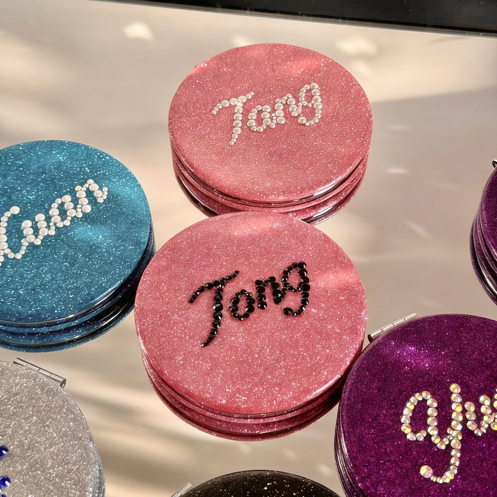 Personalized Custom Name Glitter Compact Mirror | Double-Sided Folding Travel Makeup Mirror | Bridesmaid Birthday Gift for Her & Kids | Gifts Journey