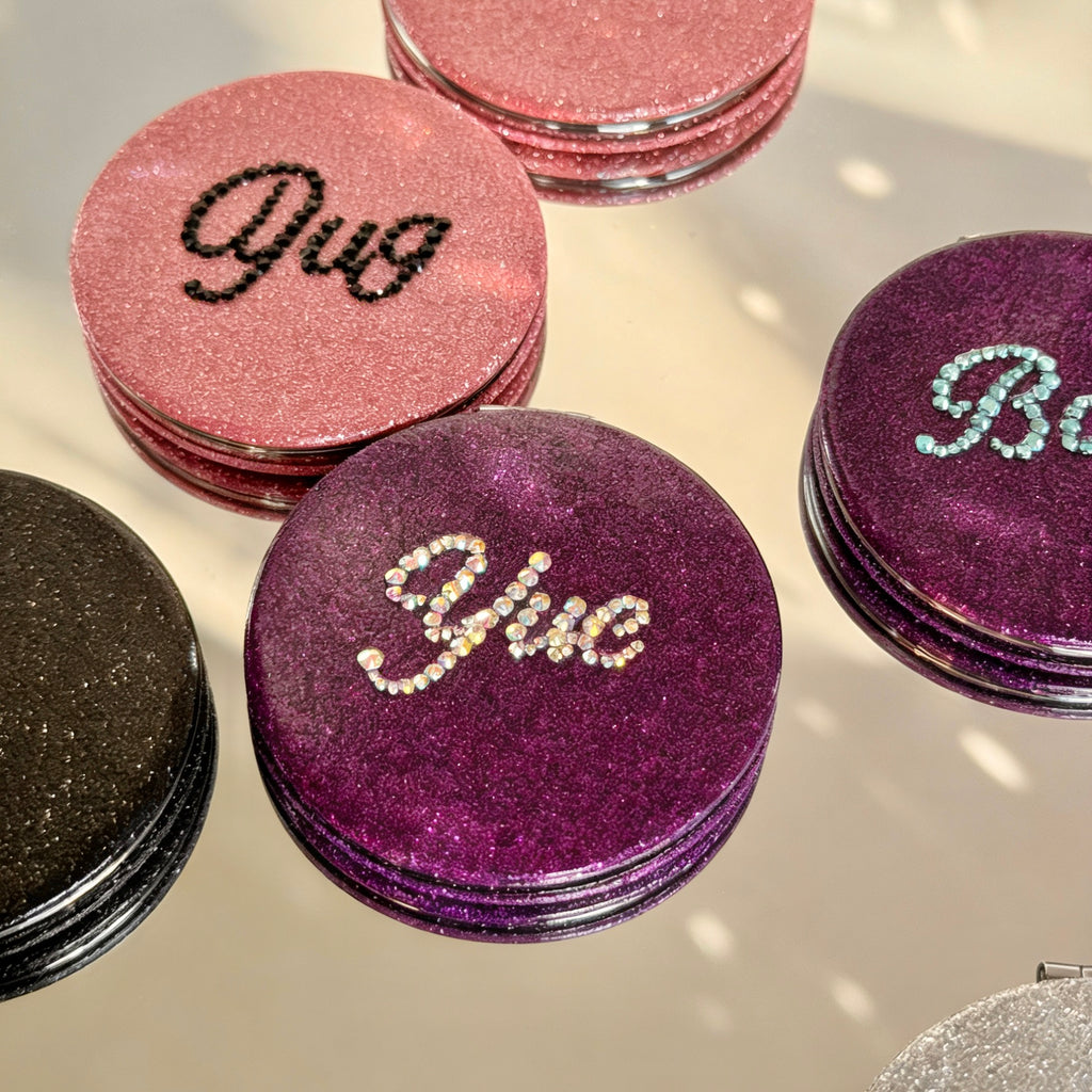 Personalized Custom Name Glitter Compact Mirror | Double-Sided Folding Travel Makeup Mirror | Bridesmaid Birthday Gift for Her & Kids | Gifts Journey
