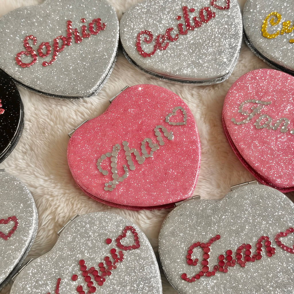 Personalized Custom Name Glitter Compact Mirror | Double-Sided Folding Travel Makeup Mirror | Bridesmaid Birthday Gift for Her & Kids | Gifts Journey