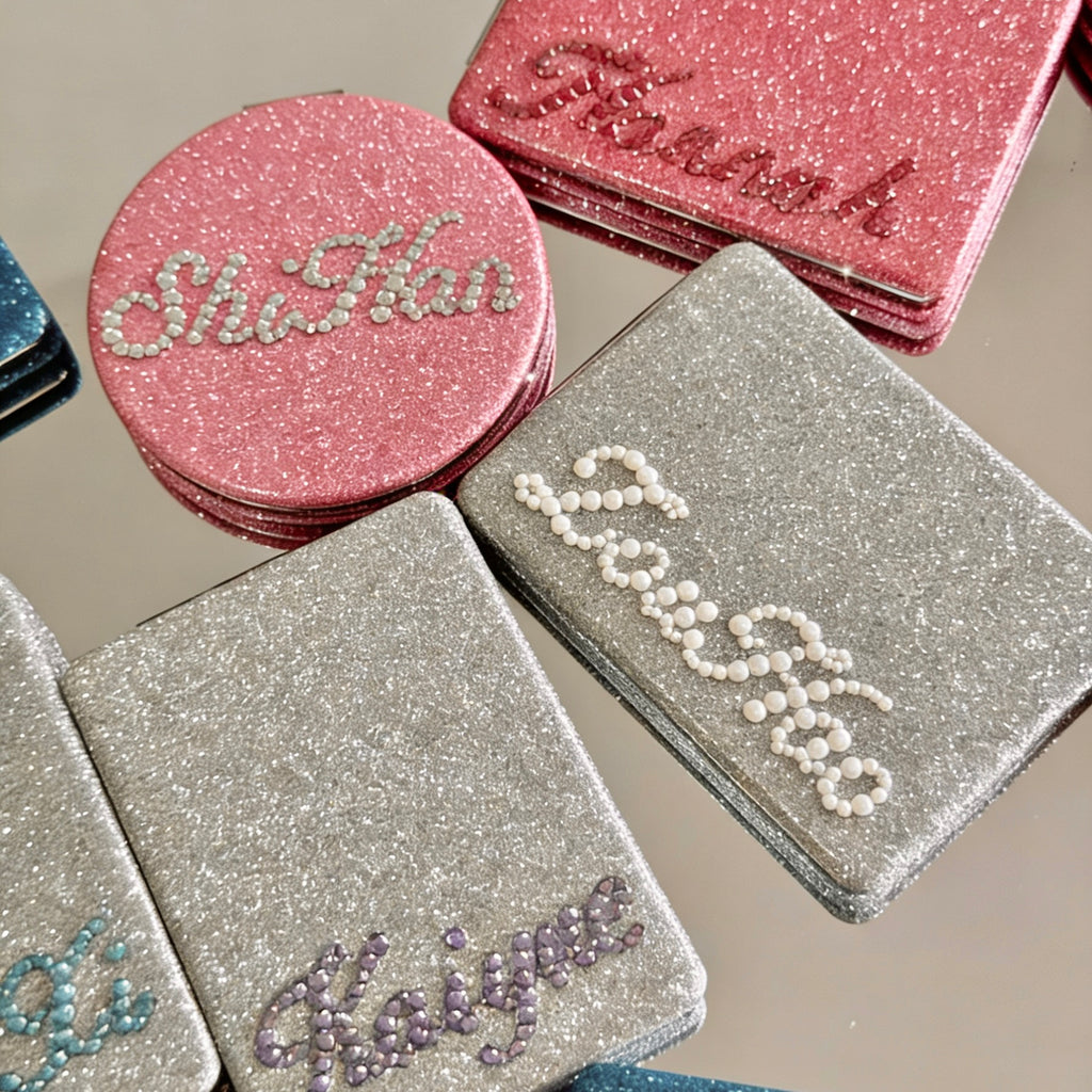 Personalized Custom Name Glitter Compact Mirror | Double-Sided Folding Travel Makeup Mirror | Bridesmaid Birthday Gift for Her & Kids | Gifts Journey