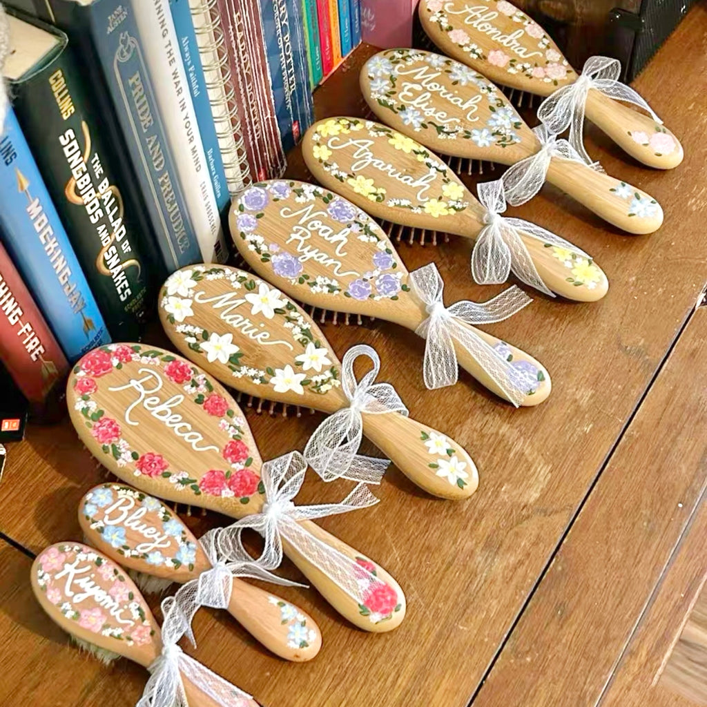 Personalized Hand-Painted Name Beech Wood Hair Brush | Custom Floral Design | Bridesmaid Birthday Gift for Her & Kids | Gifts Journey