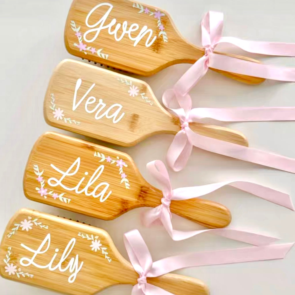 Personalized Hand-Painted Name Beech Wood Hair Brush | Custom Floral Design | Bridesmaid Birthday Gift for Her & Kids | Gifts Journey