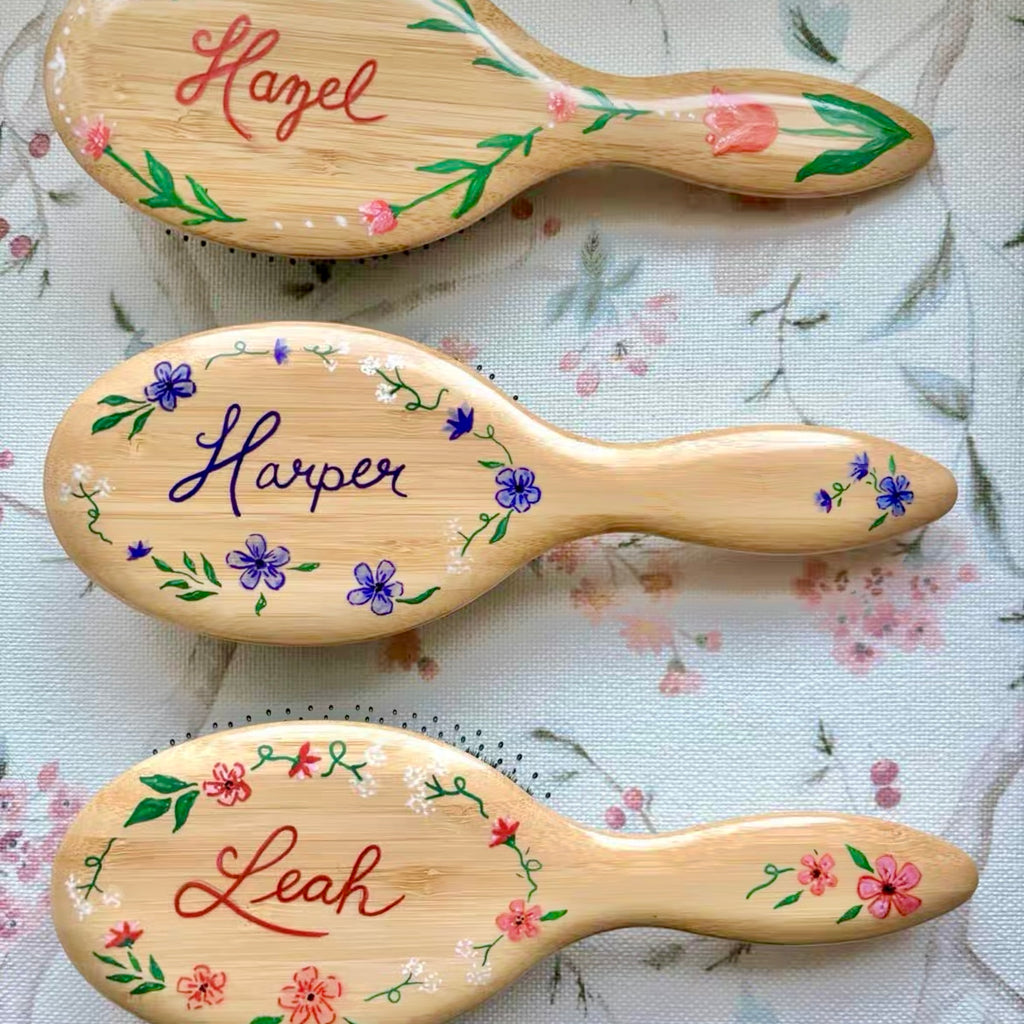 Personalized Hand-Painted Name Beech Wood Hair Brush | Custom Floral Design | Bridesmaid Birthday Gift for Her & Kids | Gifts Journey