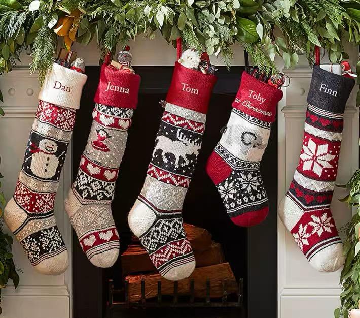 Custom Fair isle Christmas Stocking, Natural Knit Stocking, Family stockings, Old Fashioned Stocking Decors for Holiday, Xmas Ornaments