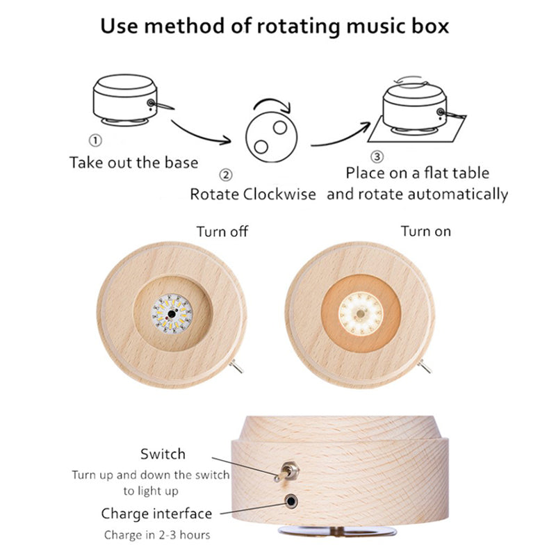 3D Crystal Ball Music Box (4.0"W * 5.1"H), Luminous Rotating Musical Box with Projection LED Light and Wood Base, Best Gift for Birthday, for Girls