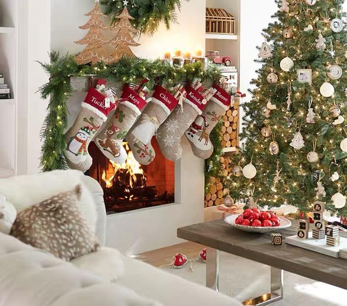 Personalized Christmas Stockings with Name, Embroidered Burlap Stocking, Custom Xmas Ornament for Family Decorations Holiday Gift