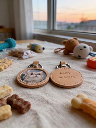 Custom Pet Photo Tag with Name & Date – Leather Memory Keepsake for Dogs & Cats