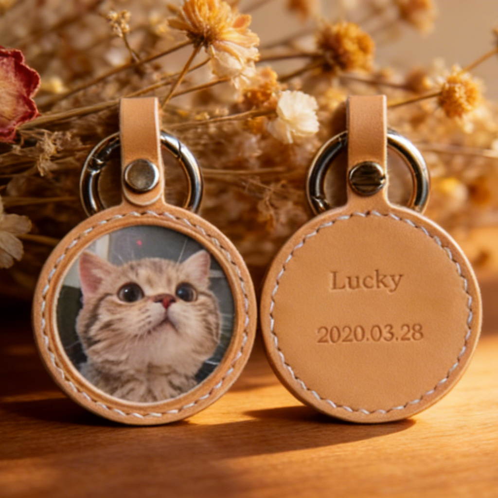 Custom Pet Photo Tag with Name & Date – Leather Memory Keepsake for Dogs & Cats