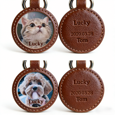 Custom Pet Photo Tag with Name & Date – Leather Memory Keepsake for Dogs & Cats