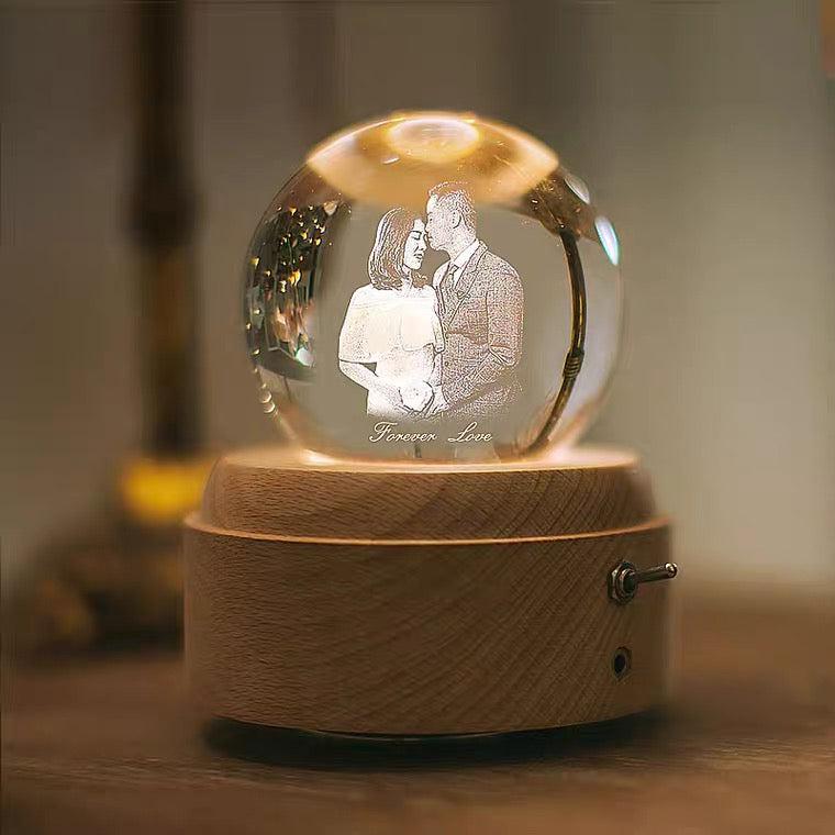 3D Crystal Ball Music Box (4.0"W * 5.1"H), Luminous Rotating Musical Box with Projection LED Light and Wood Base, Best Gift for Birthday, for Girls