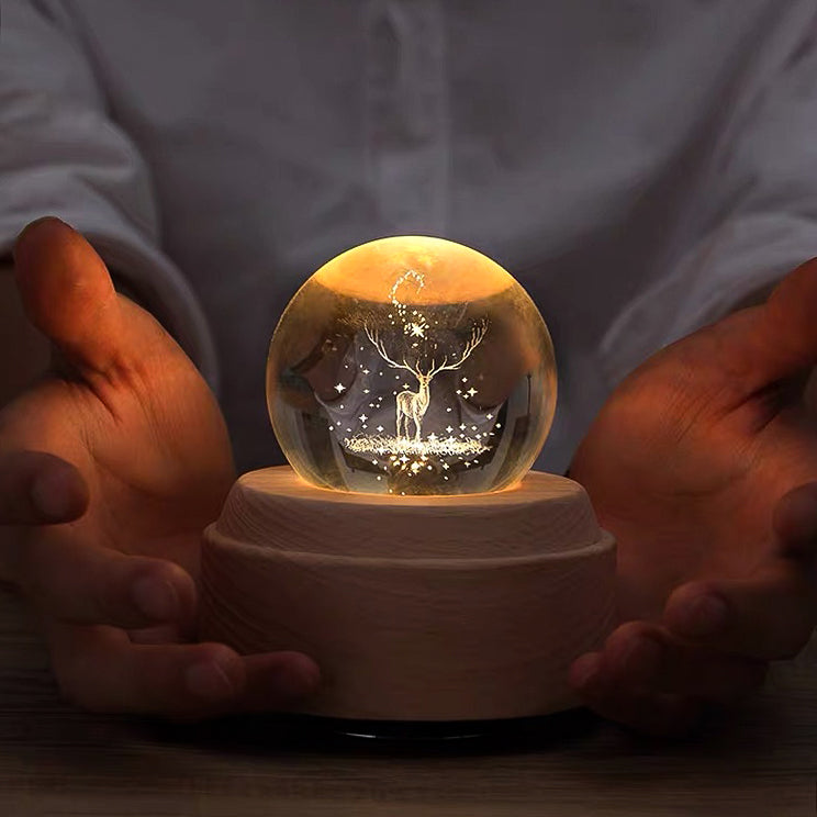 3D Crystal Ball Music Box (4.0"W * 5.1"H), Luminous Rotating Musical Box with Projection LED Light and Wood Base, Best Gift for Birthday, for Girls