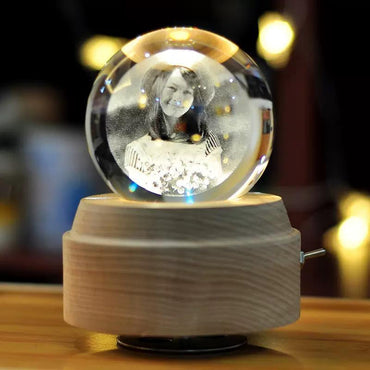3D Crystal Ball Music Box (4.0"W * 5.1"H), Luminous Rotating Musical Box with Projection LED Light and Wood Base, Best Gift for Birthday, for Girls