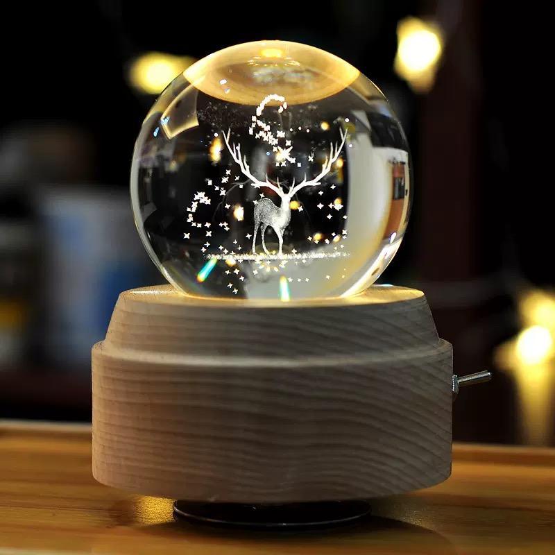 3D Crystal Ball Music Box (4.0"W * 5.1"H), Luminous Rotating Musical Box with Projection LED Light and Wood Base, Best Gift for Birthday, for Girls
