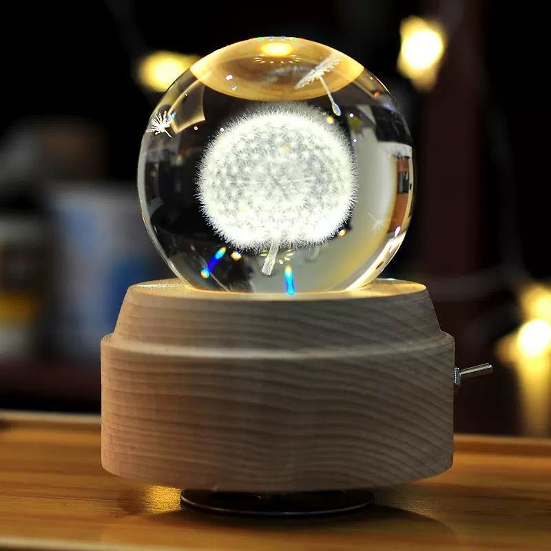 3D Crystal Ball Music Box (4.0"W * 5.1"H), Luminous Rotating Musical Box with Projection LED Light and Wood Base, Best Gift for Birthday, for Girls