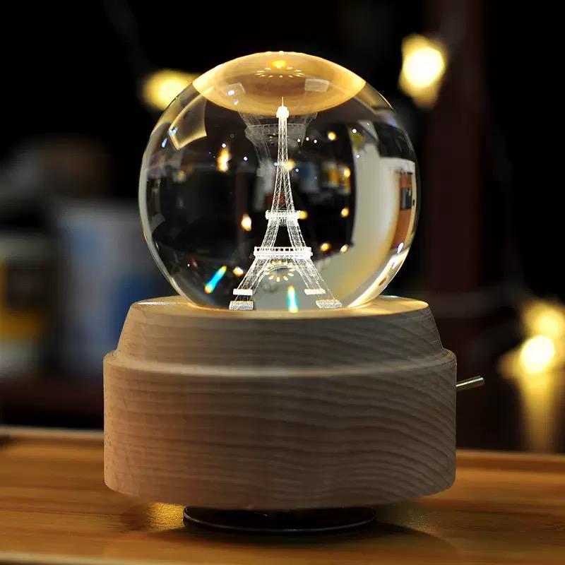 3D Crystal Ball Music Box (4.0"W * 5.1"H), Luminous Rotating Musical Box with Projection LED Light and Wood Base, Best Gift for Birthday, for Girls