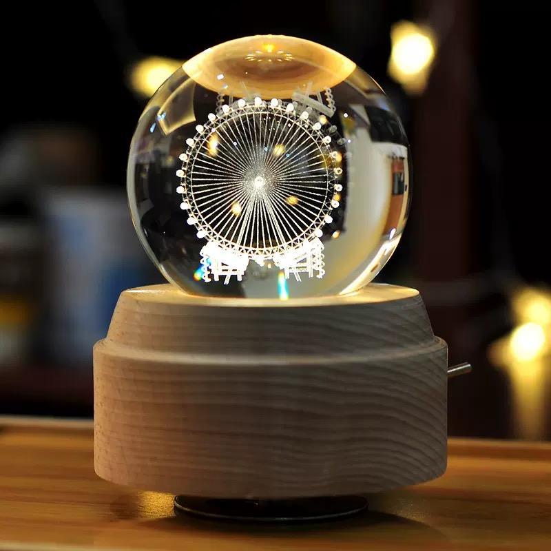 3D Crystal Ball Music Box (4.0"W * 5.1"H), Luminous Rotating Musical Box with Projection LED Light and Wood Base, Best Gift for Birthday, for Girls