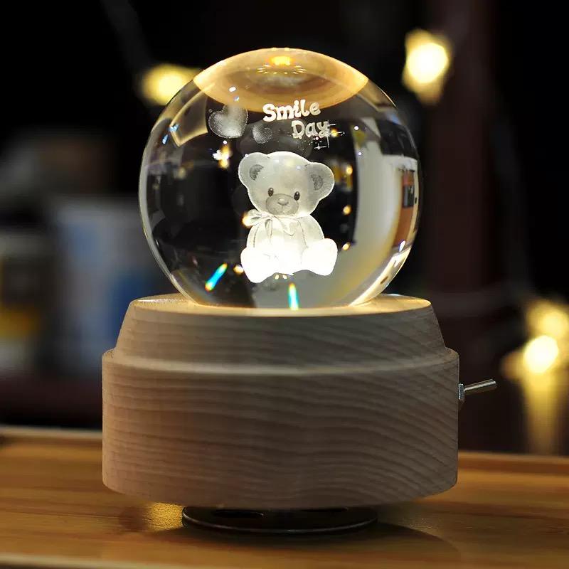 3D Crystal Ball Music Box (4.0"W * 5.1"H), Luminous Rotating Musical Box with Projection LED Light and Wood Base, Best Gift for Birthday, for Girls