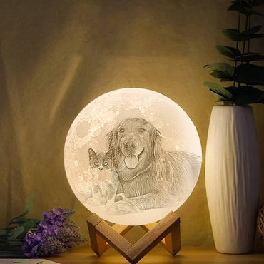 Custom 3D Moon Lamp, Personalized Gift With Your Pet Photo, Desk Light, 3 Colors With Stand, Rechargeable, For Pet Lovers
