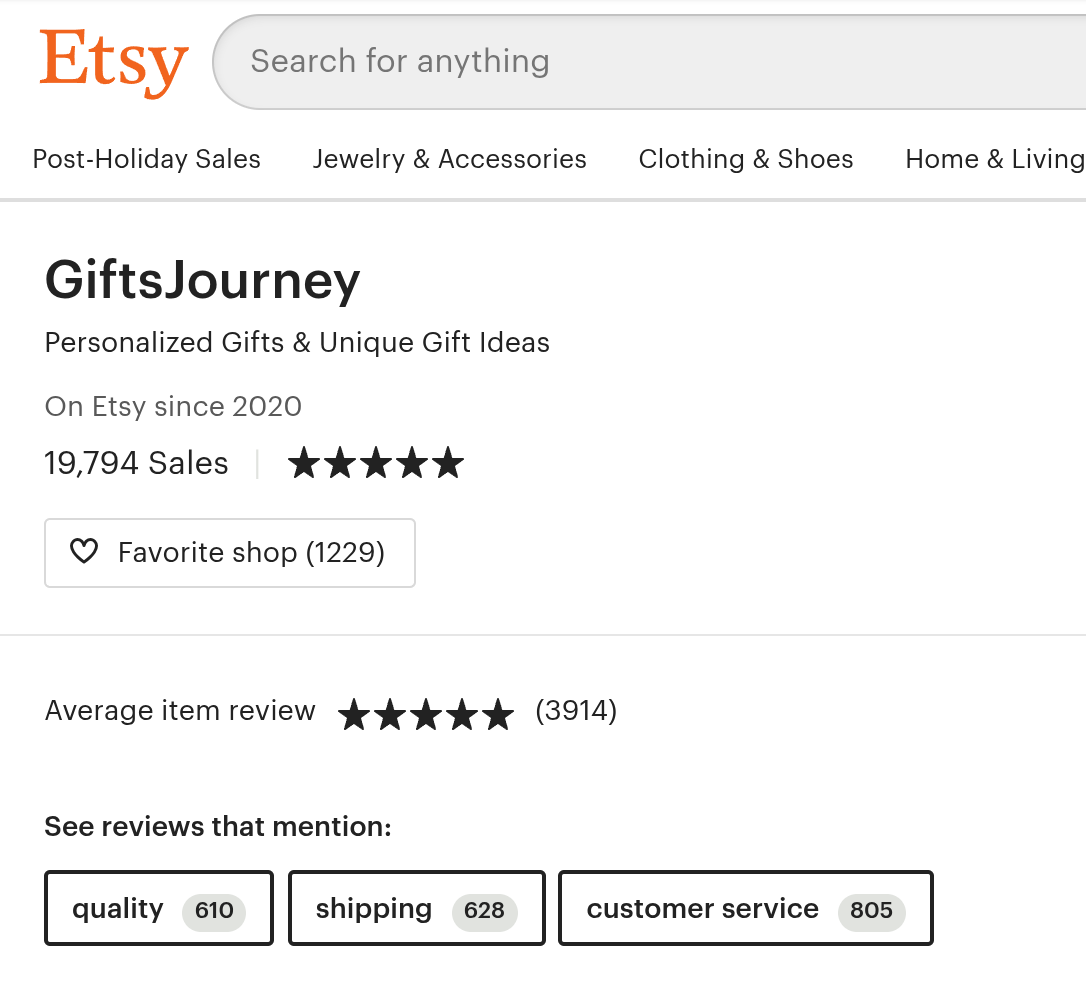 Screenshot of our original Etsy shop GiftsJourney, archived by the Internet Archive on January 4, 2021: 19,794 sales, 5-star shop rating, average item review 5 stars from 3,914 reviews