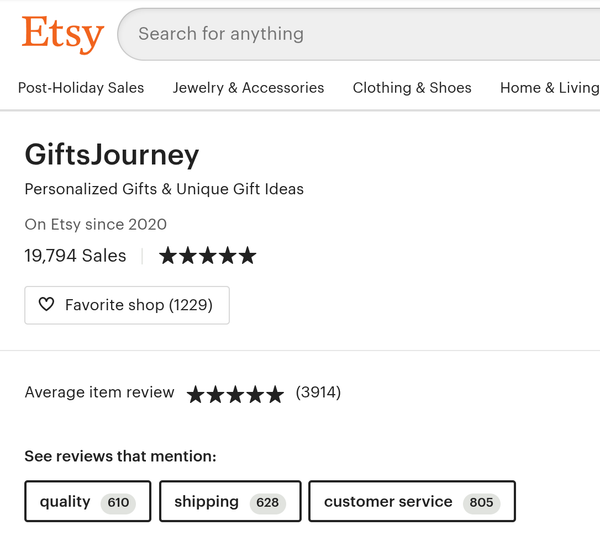Screenshot of our original Etsy shop GiftsJourney, archived by the Internet Archive on January 4, 2021: 19,794 sales, 5-star shop rating, average item review 5 stars from 3,914 reviews