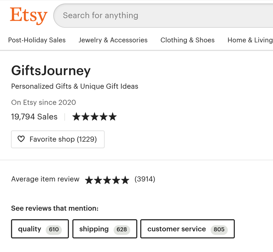 Archived Etsy page of the GiftsJourney shop showing 19,794 sales and a 5-star rating