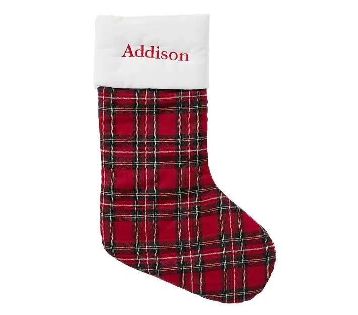 Christmas Personalized Velvet Stockings with Name, Embroidered Tartan Plaid Stocking, Custom Xmas Presents, Christmas 2021 Ornament Decor